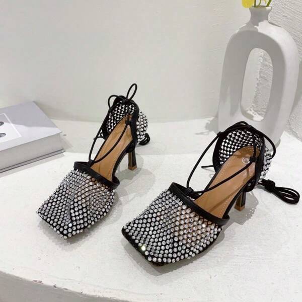 Neue Stil heiße Diamant Mesh Riemchensandalen mit hohen Absätzen und Zehensohle