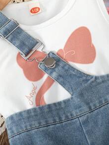 2 件套女婴休闲百搭蝴蝶结印花无袖上衣 + 可爱休闲蝴蝶结刺绣牛仔背带裤 - 白色 - 查看 4