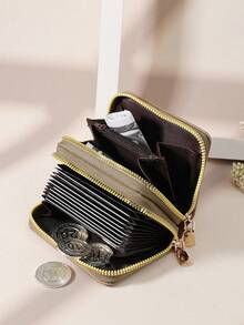 SOUTHLAND&KANGAROO Double Zipper Multifunctional Coin Purse Letter Pattern Card Holder Multi-Slot Card Storage Bag, Can Store Credit Cards And Other School Supplies, Suitable For Student Dorm Use, Women's Wallet Mini Wallet Clutch Card Holder - Khaki - View 6