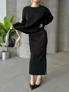 Button Detailed Skirt Set, Solid Color Casual Split Ribbed Button Co-Ord Set For Home Wear - Black - View 4