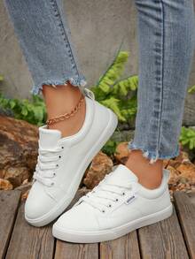 1 Pair New Flat Lace Up Slip On Casual Small White Shoes, Comfortable & Versatile Student Sneakers, Skateboard Shoes, Sizes 35-43 - White - View 2