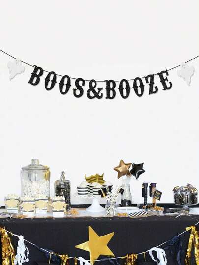 1 件万圣节 BOO & BOOZE 横幅 - 黑白闪光派对装饰，耐用纸质标牌，适合室内/室外使用，无需电力，非常适合生日、家庭聚会、花园派对、主题活动装饰，增添节日气氛，无需电源