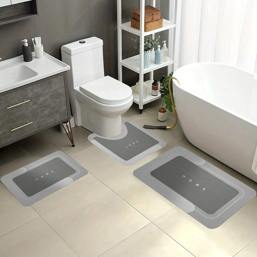 3-Piece Super Absorbent Bathroom Mat Set - Non-Slip Machine Washable Rugs For Bath, Shower  Toilet, U-Shaped Contour, Rectangular Mats With HOME Design, Durable Microfiber Floor Covers, Fits Bathroom, Hotel, Dorm - Màu xám đen - Xem 1
