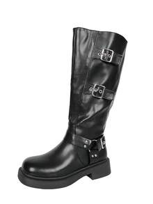 FVPFVP 2024 Botas altas de invierno con hebilla, botas altas de tubo recto ajustadas hasta la rodilla, color marrón para mujer, botas negras - Negro - Ver 8
