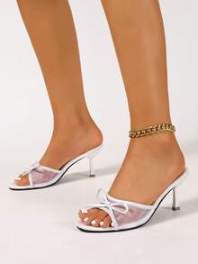 女士网眼面料透气露趾高跟凉鞋，百搭简约设计，蝴蝶结修身细高跟凉拖，夏季新品 - 白色 - 查看 6