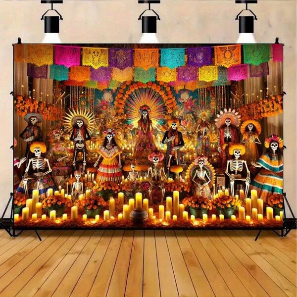 1 levendige polyester achtergrond voor de Dag van de Doden - kleurrijke skeletten, goudsbloemen en altaren, gebruikt voor Halloween, familiebijeenkomsten, bruiloften, verjaardagen, Kerstmis, Thanksgiving, herfst en feestdecoraties | Feestelijke sfeer | Gedetailleerd ontwerp, decoraties voor de Dag van de Doden