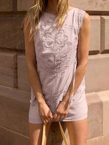 Lace Hollow Out Dress For Women Summer Fashionable Round Neck Loose Sleeveless Casual Mini Dress Streetwear - 粉色 - 查看 4