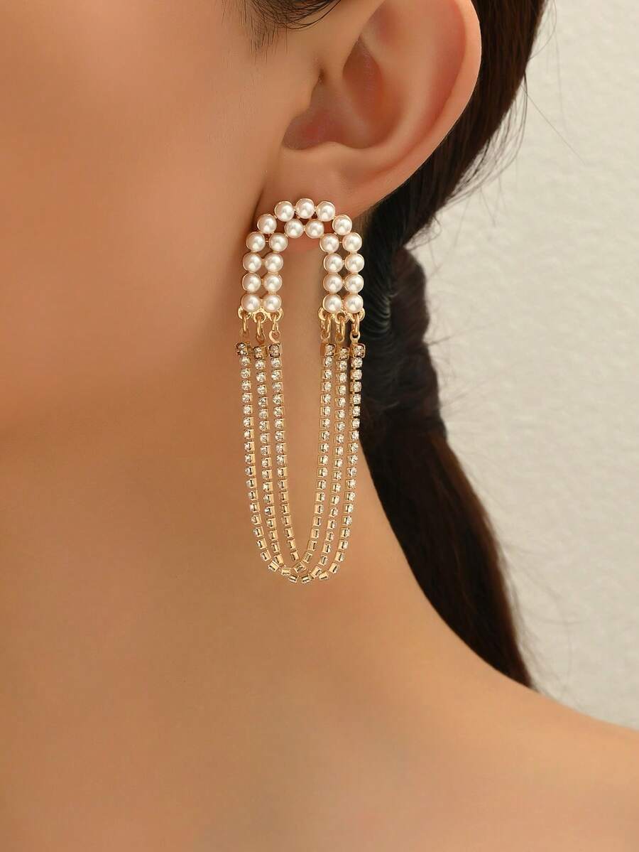 1 对创意流苏珍珠宝石链耳环，优雅欧美风格百搭个性化日常佩戴 - 金黃色 - 查看 1