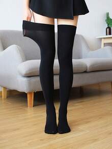 2 双女式过膝袜，黑白款，时尚简约风格，适合休闲、日常、派对、开学季、学院风 - 黑與白 - 查看 6