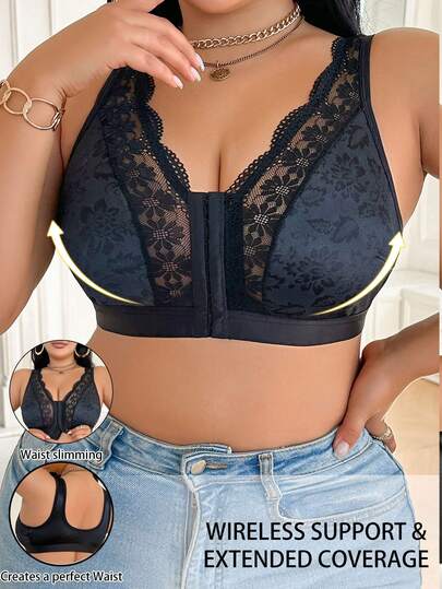 Plus Size Women Contrast Lace Comfortable Wireless Bra