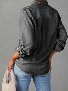 Women's Long Sleeve Jean Shirts Button Down Blouses Denim Shirt Business Casual Loose Tops Streetwear - Màu xám đen - Xem 5