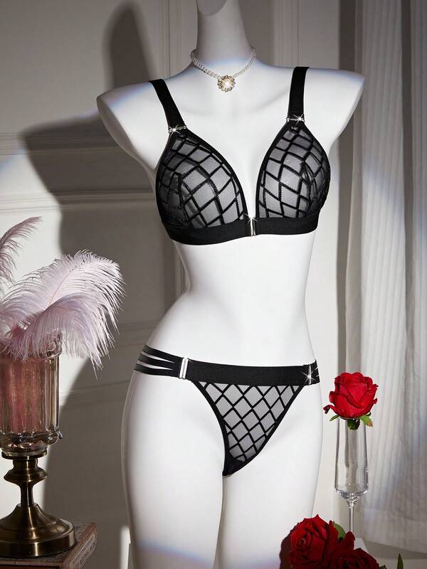 Sexy Lingerie Sexy Grid: Black Transparent Sexy Underwear Set, Temptation Grid Design Sexy Bra Comes With Thong, Nightclub Daily Home Wear Sexy Underwear Set