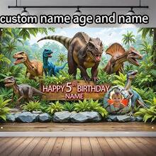 1pc Customized Portrait, Age, Name Birthday Party Banner, Polyester Dinosaur Jungle Theme Photography Backdrop, Birthday Cake Table Home Wall Outdoor Decor - Multicolor - View 2