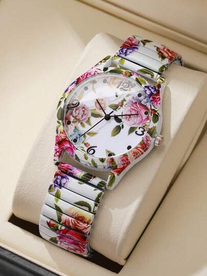 1pc Women's Printed Elastic Strap Casual Digital Scale Dial Quartz Watch, Fashion Classic Character Watch, No Watch Box Included