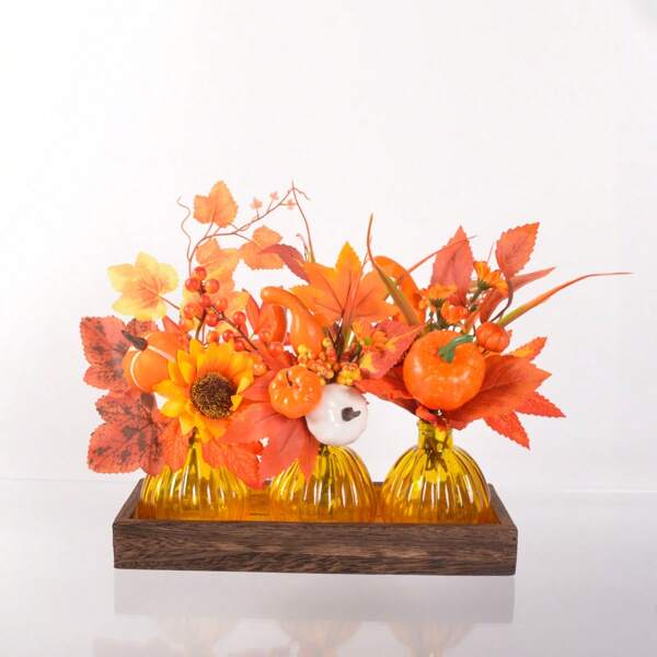 1pc Pumpkin Vase Decor With Artificial Pumpkin, Maple Leaves Bouquet, Suitable For Autumn Thanksgiving Home Centerpiece, Farmhouse, Coffee Table, Dining Room, Kitchen, Living Room, Bathroom Home Decor Halloween Decor Room Decor Halloween