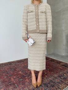 Button Detailed Skirt Set, Solid Color Casual Split Ribbed Button Co-Ord Set For Home Wear - Beige - View 3