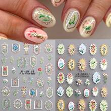 2 件不对称花卉框架玫瑰百合花束樱花郁金香花瓣彩色花朵 5D 美甲贴纸自粘美甲贴花