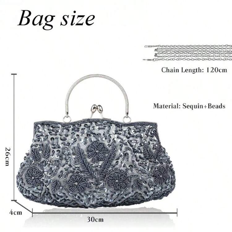 Gtes Women's Handbags, Evening Bags, Beaded Evening Bags Designed For Women, Clutches With Sequin Design, Purses, Wedding Party Clutches For The Wedding Season And Dinner Party Wear - 灰色 - 查看 3
