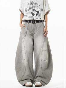 1 件正义兄弟休闲男士宽松破洞牛仔阔腿牛仔裤，日式风格，百搭 - 灰色 - 查看 2