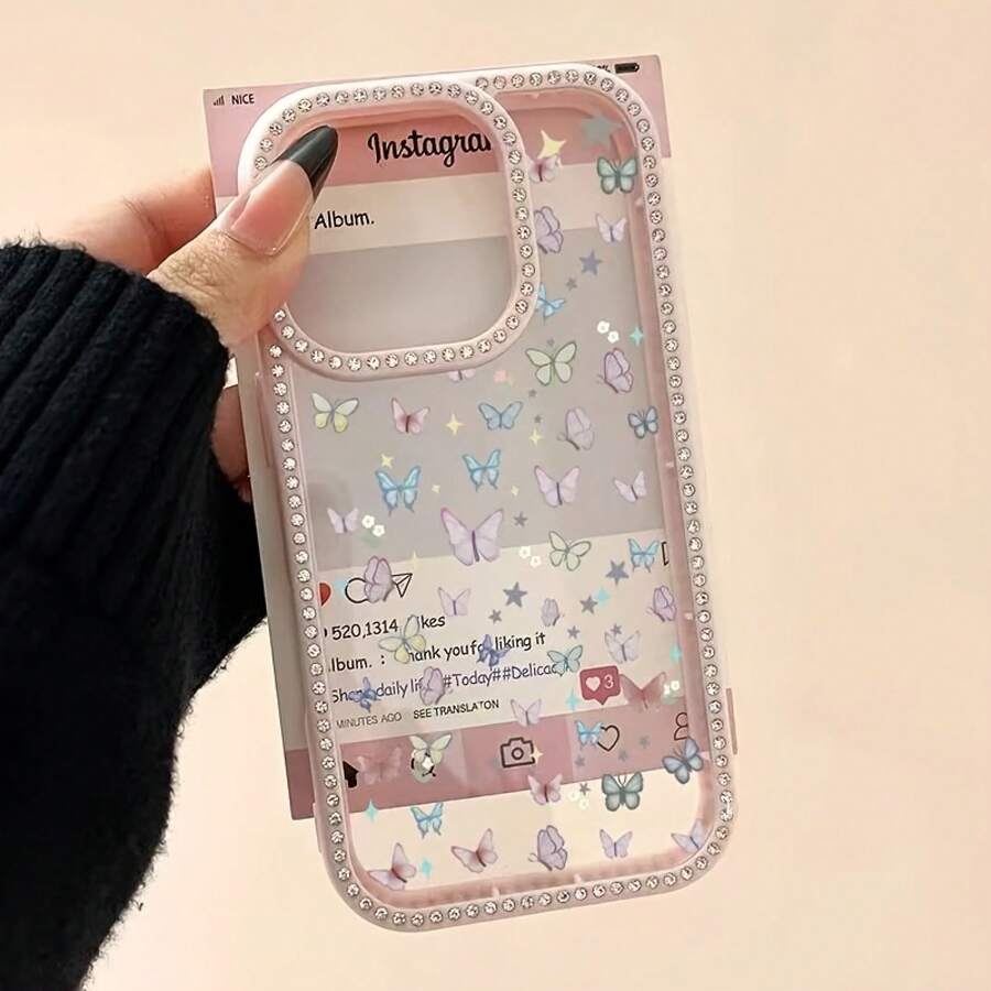 Caja del teléfono 1PC Decoración de lujo de doble cara 16 15 14 13 12 11 Plus Pro Anti Drop Todo incluido Teléfono protector, Pantalla completa colorida Cubierta protectora transparente simple, incrustaciones de moda de doble cara - Rosa Pálido - Ver 1