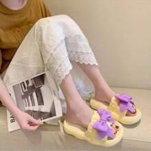女士可爱毛绒室内拖鞋，舒适绑带厚底防滑蝴蝶凉鞋，百搭休闲装