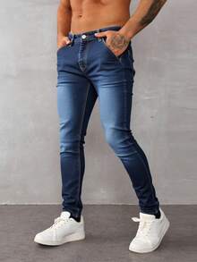 Jeans skinny para hombre en denim azul, ajustados y modernos, ideal para estilos casuales - Azul lavado oscuro - Ver 1