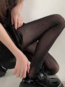 1 双奢华亮银色竖条纹紧身裤，性感、耐用、防勾丝，适合春夏季穿着 - 彩色 - 查看 3