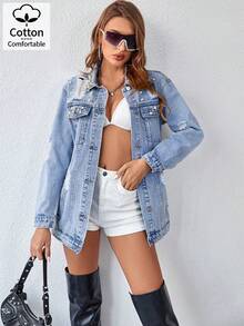 Pearl Beaded Button Open Long Sleeve Mid-Length Denim Jacket - Light Wash - View 6