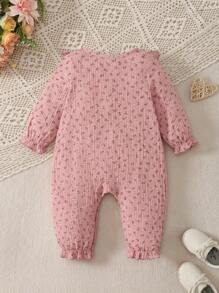 Baby Girl Floral Casual Cute Ruffle Jumpsuit With Bow, Long Sleeve, For Spring Autumn