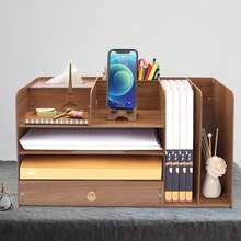Wooden Desk Organizer 4-Tier - Load Capacity 4kg With Rabbit Phone Holder & Drawer - Cherry Wood Top (48x23x28cm) - 咖啡棕 - 查看 3