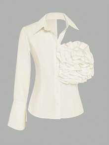 Women's Solid Color 3D Floral Decor Fashion Design Elegant Blouse