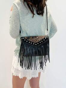 Túi đeo chéo da thời trang cổ điển, túi đeo vai phong cách Boho, túi đeo chéo tua rua đinh tán hình vuông, túi đeo chéo thông thường cho du lịch và hàng ngày, túi đeo chéo công sở di động Hobo Fringe Túi đeo chéo nhỏ - màu đen - Xem 6