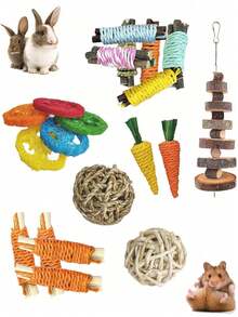 20件/4件/9件/7件/18件装兔子/豚鼠磨牙玩具，天然苹果木磨牙玩具组合，手工制作豚鼠仓鼠小型动物磨牙玩具 - 彩色 - 查看 2