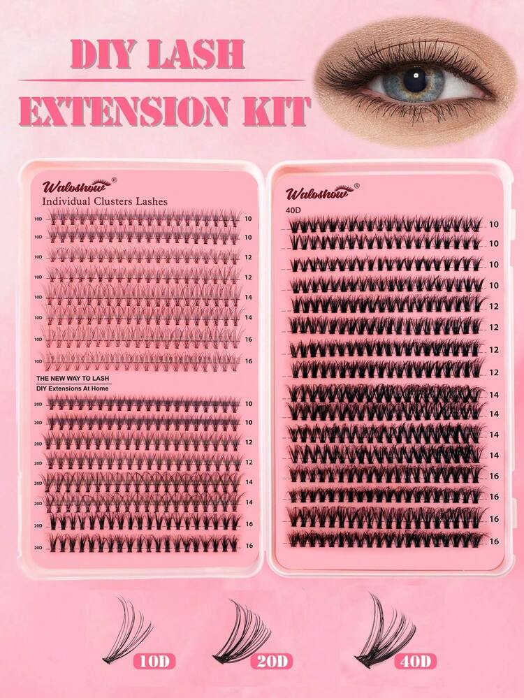 Waloshow DIY 640 件 D 卷单簇睫毛延长套装，10-16 毫米 30D+40D+50D 黑色浓密束假睫毛，D 卷簇睫毛延长套装，适合家庭使用浓密轻盈的睫毛延长睫毛簇套装，睫毛，睫毛，假睫毛 - 黑色 - 查看 12