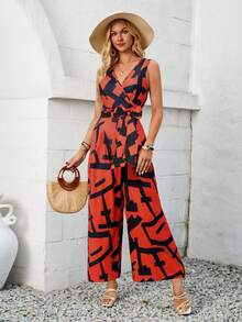 Elegant Mono y Palazzo De Mujer Con Estampado Geométrico, Monos De Chaleco Con Cinturón Moño Al Frente - Naranja - Ver 3