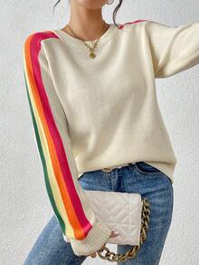 Áo len nữ tay dài cổ tròn kẻ sọc cầu vồng nhiều màu sắc, kiểu dáng thường ngày, chất liệu nhẹ, thích hợp cho mùa thu/đông. - Màu be - Xem 7