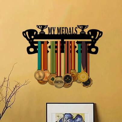 1 Pc 30cm X 10cm Black Metal Custom Sports Medal Display Rack - Wall Mounted, New Creative Metal Honor Medal Display Rack, Easy To Install, Holds Up To 45 Medals And Ribbons, Suitable For Running, Soccer, Softball Awards - Modern Iron Art Home Decor, Perfect Christmas Gift For Athletes, Wall Mounted Storage | Modern Home Decor | Metal Medal Rack, Medal Display Rack