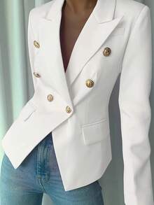 New Pure White Women's Elegant Double Breasted Lapel Long Sleeved Suit Jacket, High-Quality Classic Suit Jacket, Suitable For Office And Business - 白色 - 查看 2