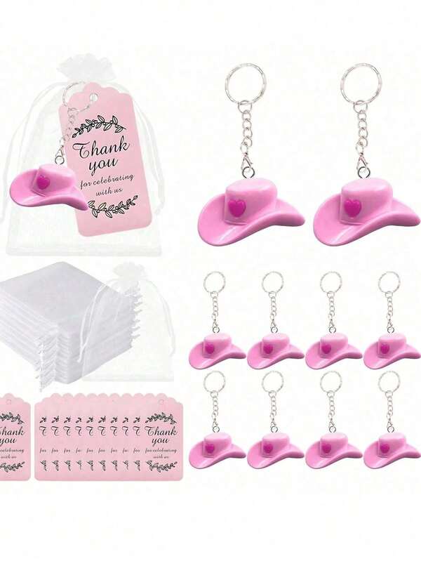 30 Stück rosa süße Schlüsselanhänger in Hutform, inklusive 10 rosa Cowboyhüte, 10 rosa Kartonbögen und 10 weiße Maschennetztaschen, geeignet als kreative Geschenke als Schlüsselanhänger, Taschen, Anhänger, für Geburtstagspartys, Hochzeiten, Karnevals und andere Anlässe