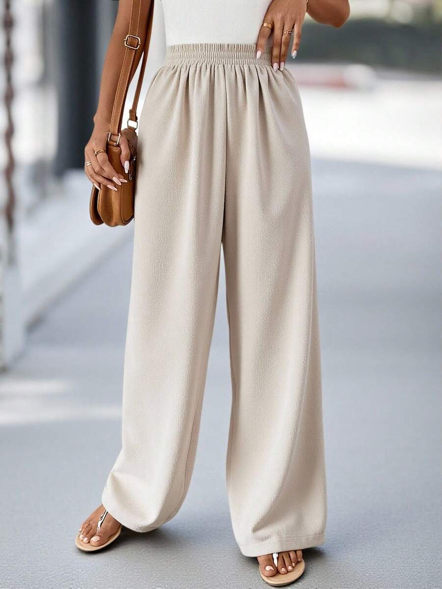 SHEIN LUNE Solid Slant Pocket Linen Wide Leg Pants - Apricot - View 1