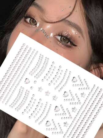 Rhinestone Face Jewel Stickers, Glitter Makeup Decorations For Music Festivals, Vintage Style Artistry, Glitter Body Painting, Accessories, Temporary Tattoos. Facial Decorations For Halloween, Eye Corner Decor