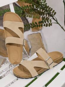 2025年夏季新款大码扣环厚底时尚一脚蹬厚软木底沙滩凉鞋女士防滑休闲