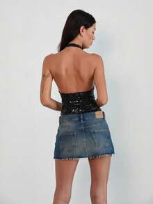 Camiseta de tirantes con lentejuelas para mujer, de unicolor, ajustada, con cuello en V profundo y espalda descubierta, sin mangas - Negro - Ver 2
