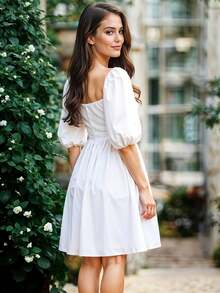 Vestido Corto de Escote Cuadrado con Manga Abullonada Casual para Mujer - Blanco - Ver 4