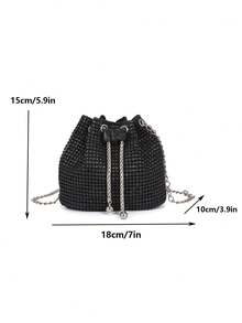 时尚抽绳女士单肩包大容量多功能钻石水桶包带链条可交叉包休闲多功能通勤包新娘包单肩斜挎包小众设计亮钻包派对、婚礼、派对女士晚宴包 - 彩色 - 查看 8