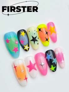 10件手工按压式可穿戴美甲，杏仁色多巴胺美甲，手绘星星图案设计，日常美甲，甜美辣妹可爱立体爱心创意美甲，卡通甜美酷炫美甲用品美甲 - 彩色 - 查看 14