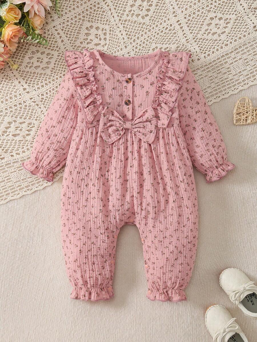 Baby Girl Floral Casual Cute Ruffle Jumpsuit With Bow, Long Sleeve, For Spring Autumn