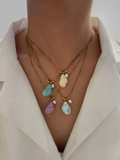 Novo Colar com Corrente de Aço Inoxidável com Pingente de Concha Cerâmica, Moda Personalizada Casual de Uso Diário e de Feriados para Mulheres