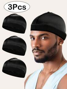 3Pcs/1pc Men's Breathable Satin Turban Wave Cap - Elastic Running Fitness Headwear, Adjustable Stretchy Design Sport Hat