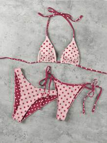 Valentine's Day Sexy Polka Dot Print 3-Piece Women's Halter Bikini Swimsuit - Multicolor - View 1